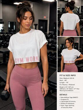 SHEIN Gym Work White Crop Top Womens Medium M 38 Workout Graphic Tee NWOT